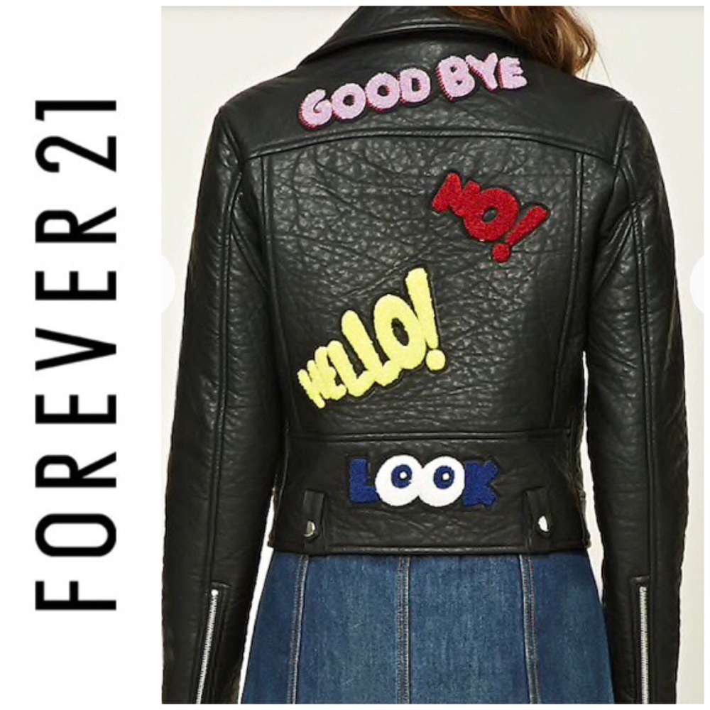 Forever 21 Goodbye Patch Leather Moto Jacket